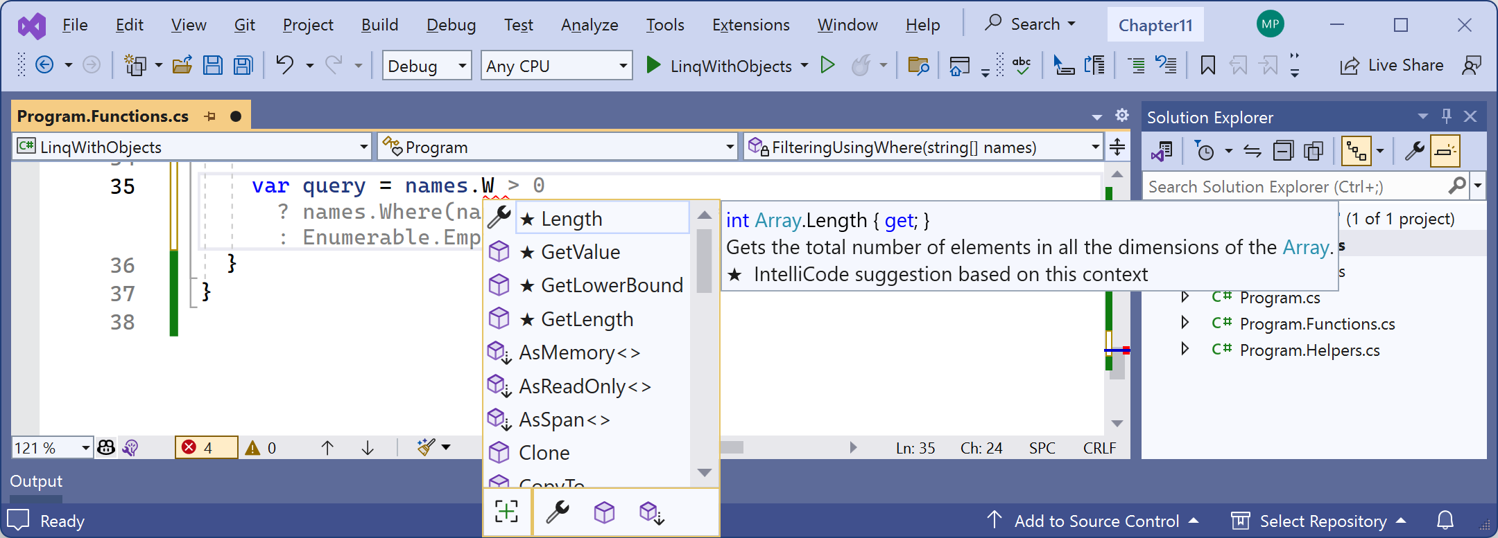 Figure 11.1: IntelliSense with the Where extension method missing