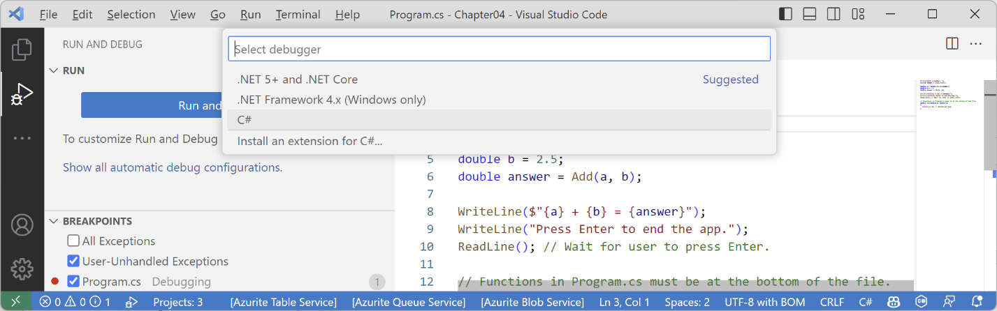 Figure 4.9: Selecting a debugger for the launch.json file
