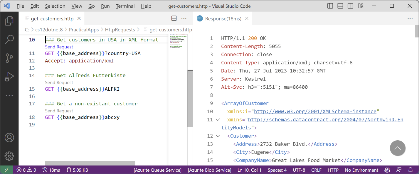 Figure 15.4: Sending a request for XML and getting a response using REST Client
