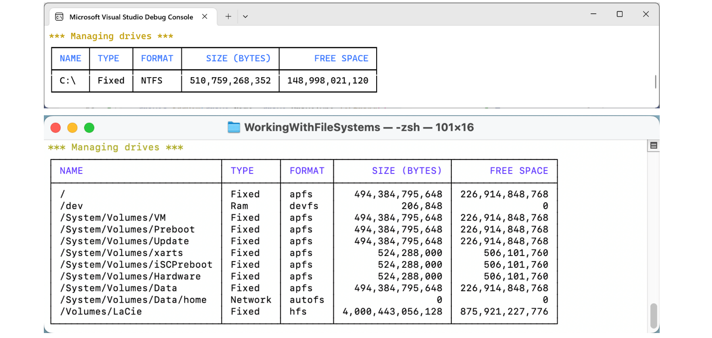 Figure 9.3: Showing drive information on Windows and macOS