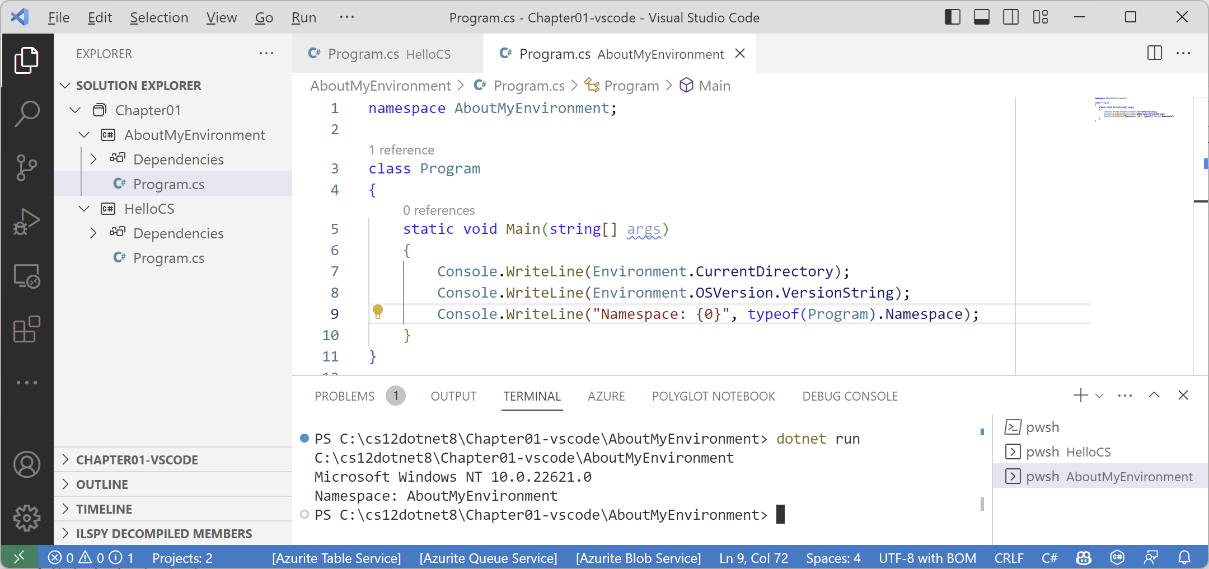 Figure 1.13: Running a console app in Visual Studio Code with two projects