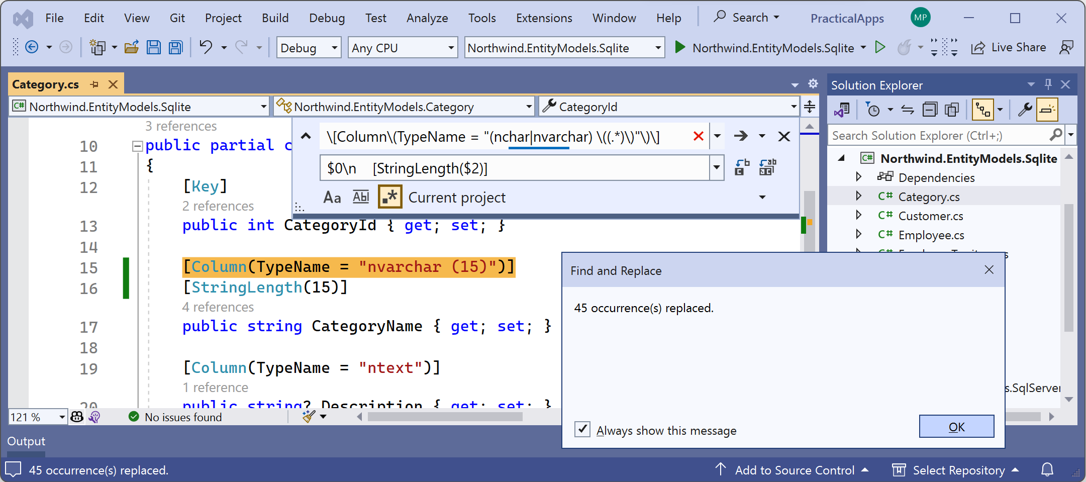 Figure 12.2: Find and replace all matches using regular expressions in Visual Studio 2022