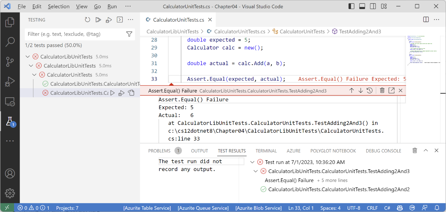 Figure 4.23: The unit test results in Visual Studio Code's TERMINAL
