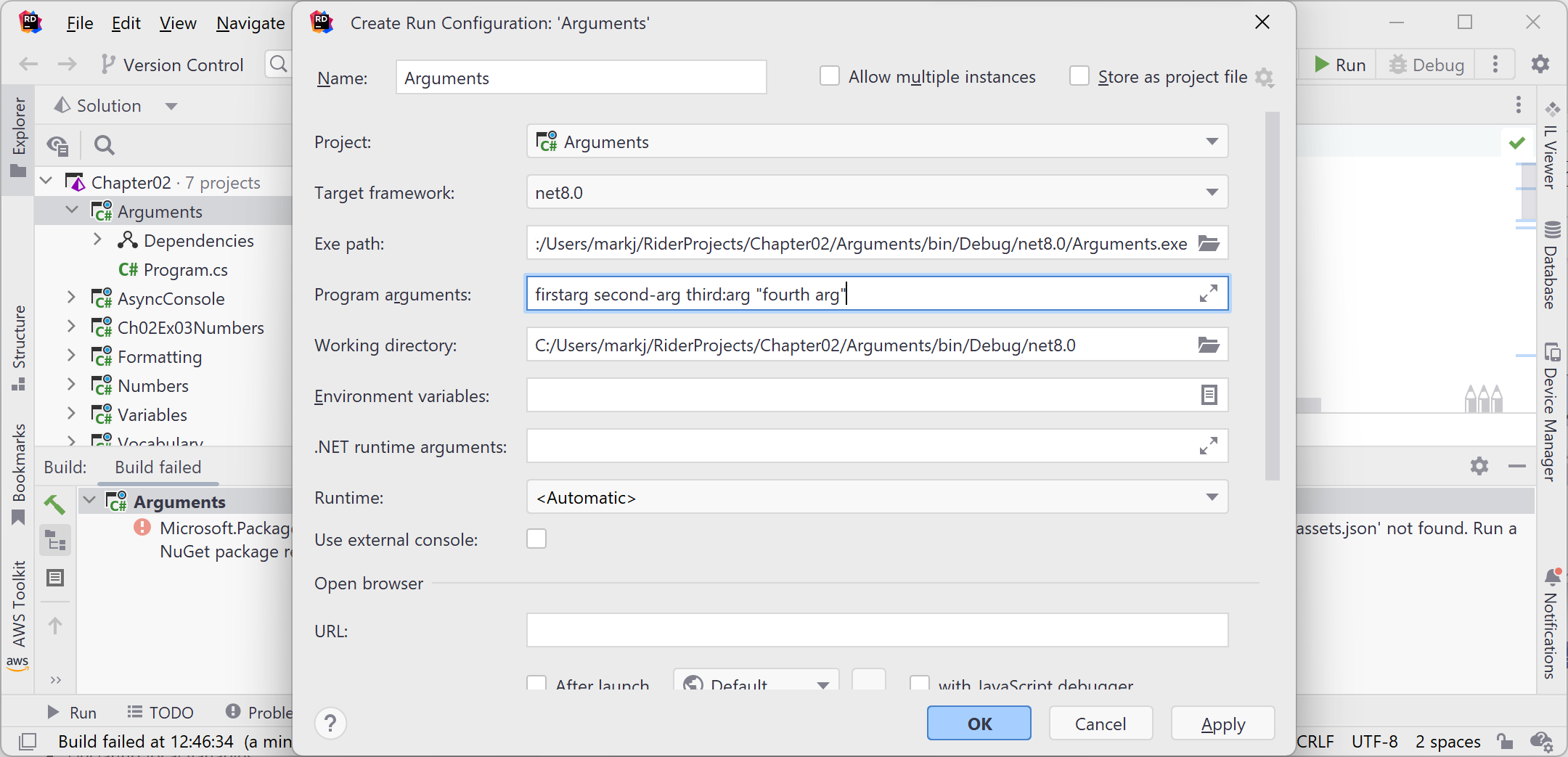 Figure 2.11: Entering command-line arguments in the JetBrains Rider run configuration