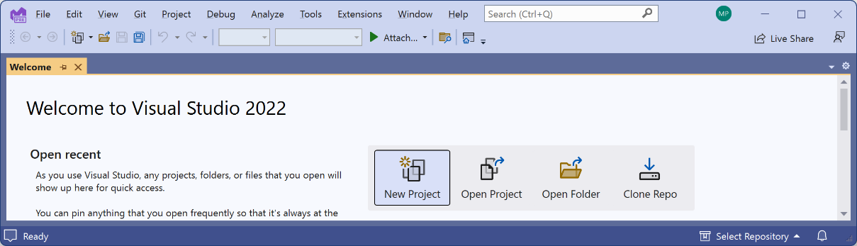 Figure 1.3: Welcome tab with buttons like New Project