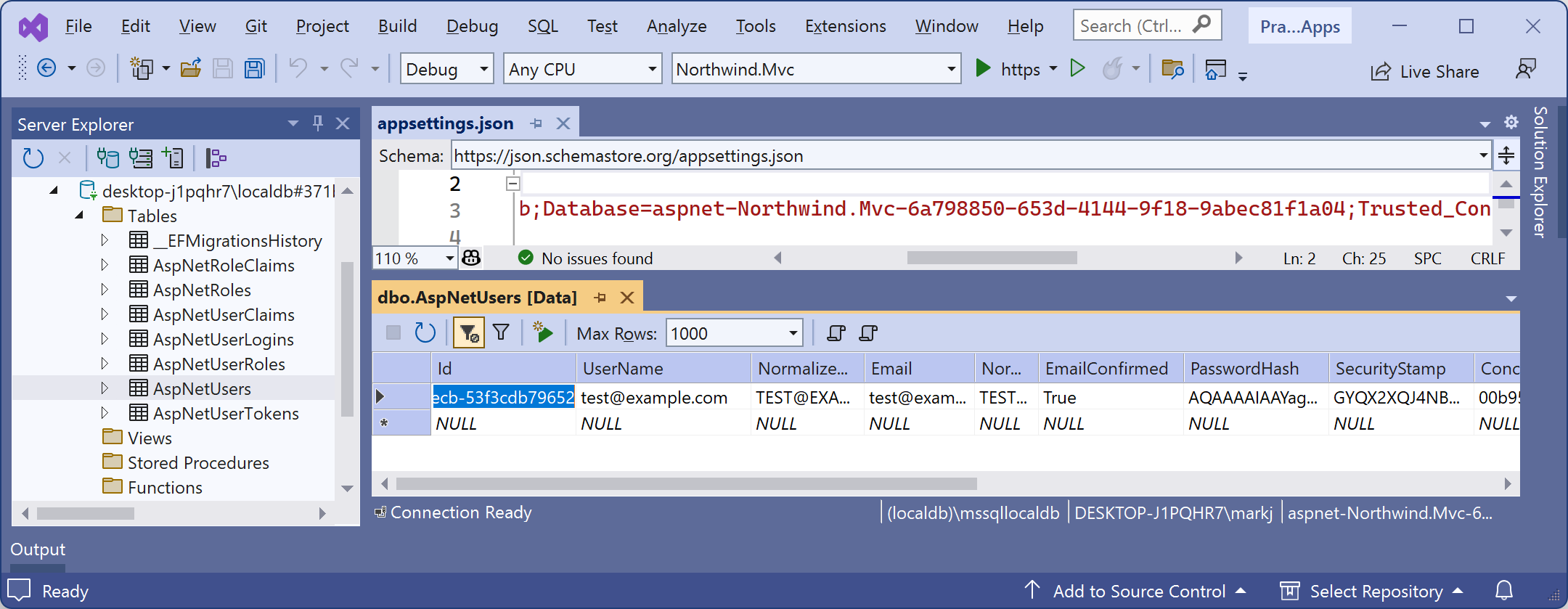 Figure 14.2: AspNetUsers table with the registered user