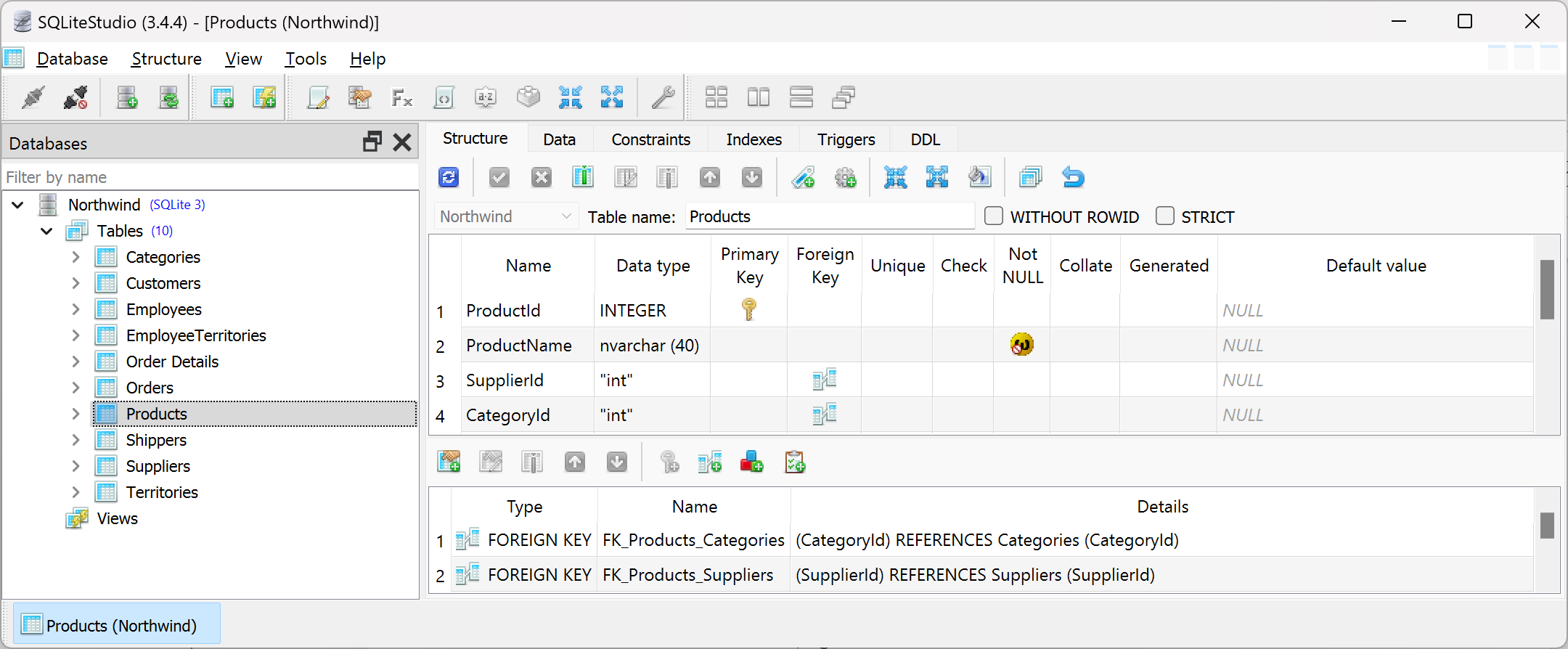 Figure 10.4: The table editor in SQLiteStudio showing the structure of the Products table