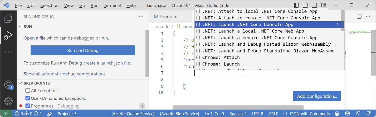 Figure 4.10: Adding a launch configuration for a .NET Console App