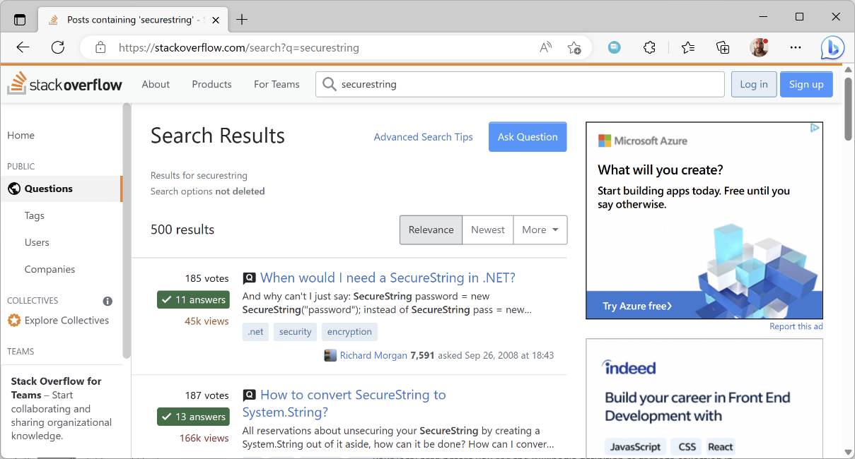 Figure 1.20: Stack Overflow search results for securestring