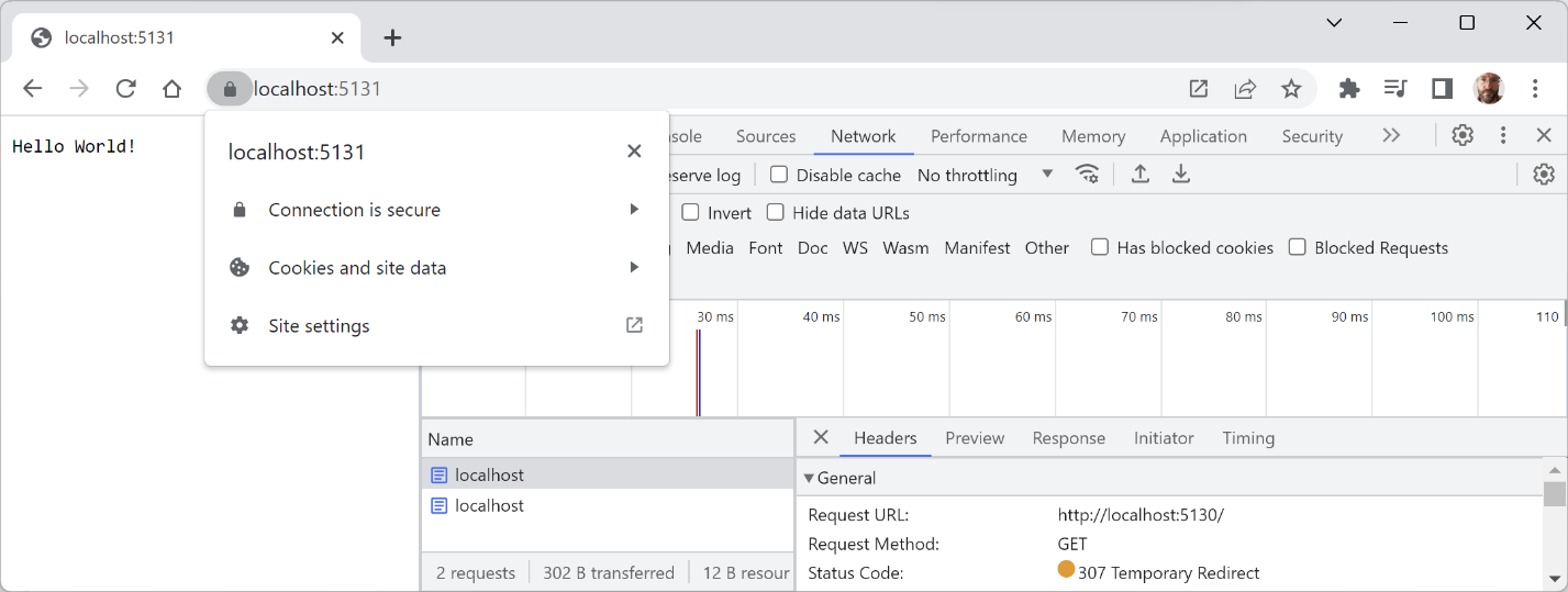 Figure 13.3: The connection is now secured using a valid certificate and a 307 redirect
