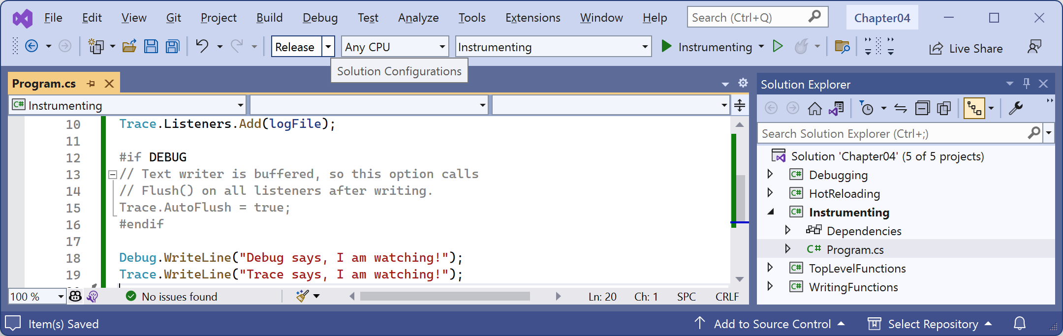 Figure 4.18: Selecting the Release configuration in Visual Studio