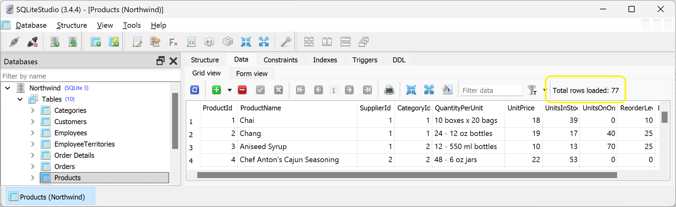Figure 10.5: The Data tab showing the 77 rows in the Products table