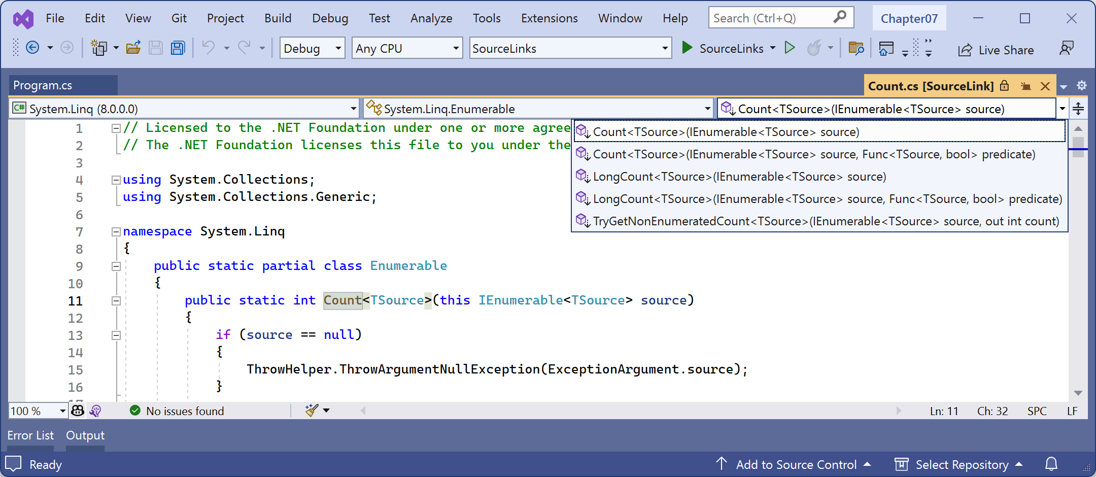 Figure 7.6: Viewing the original source file for LINQ's Count method implementation