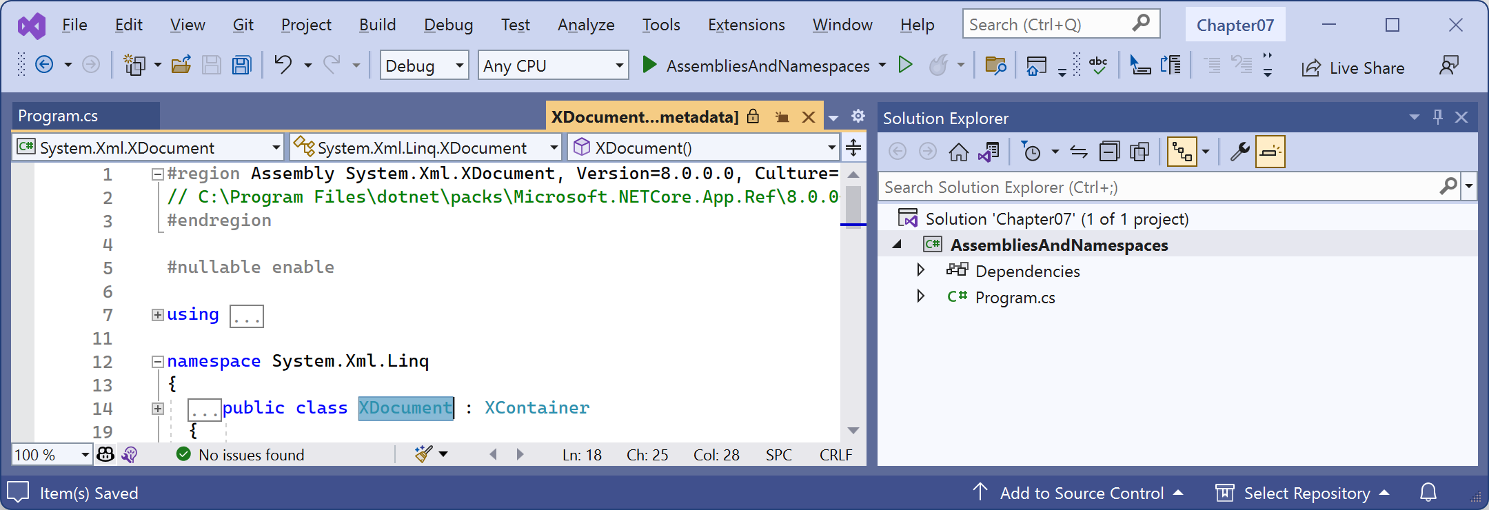 Figure 7.1: Assembly and namespace that contains the XDocument type