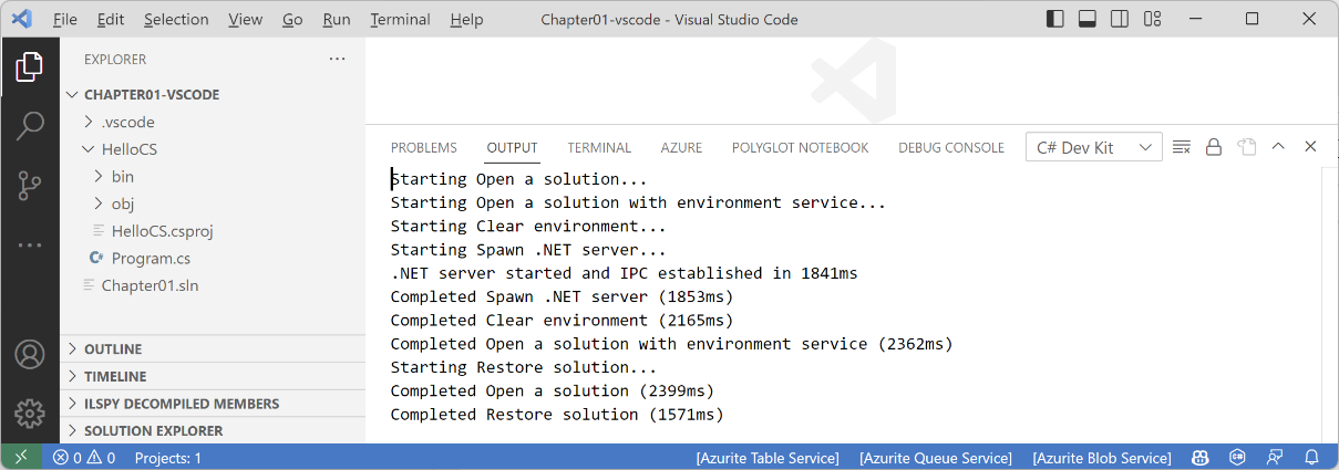 Figure 1.11: C# Dev Kit processing a solution file
