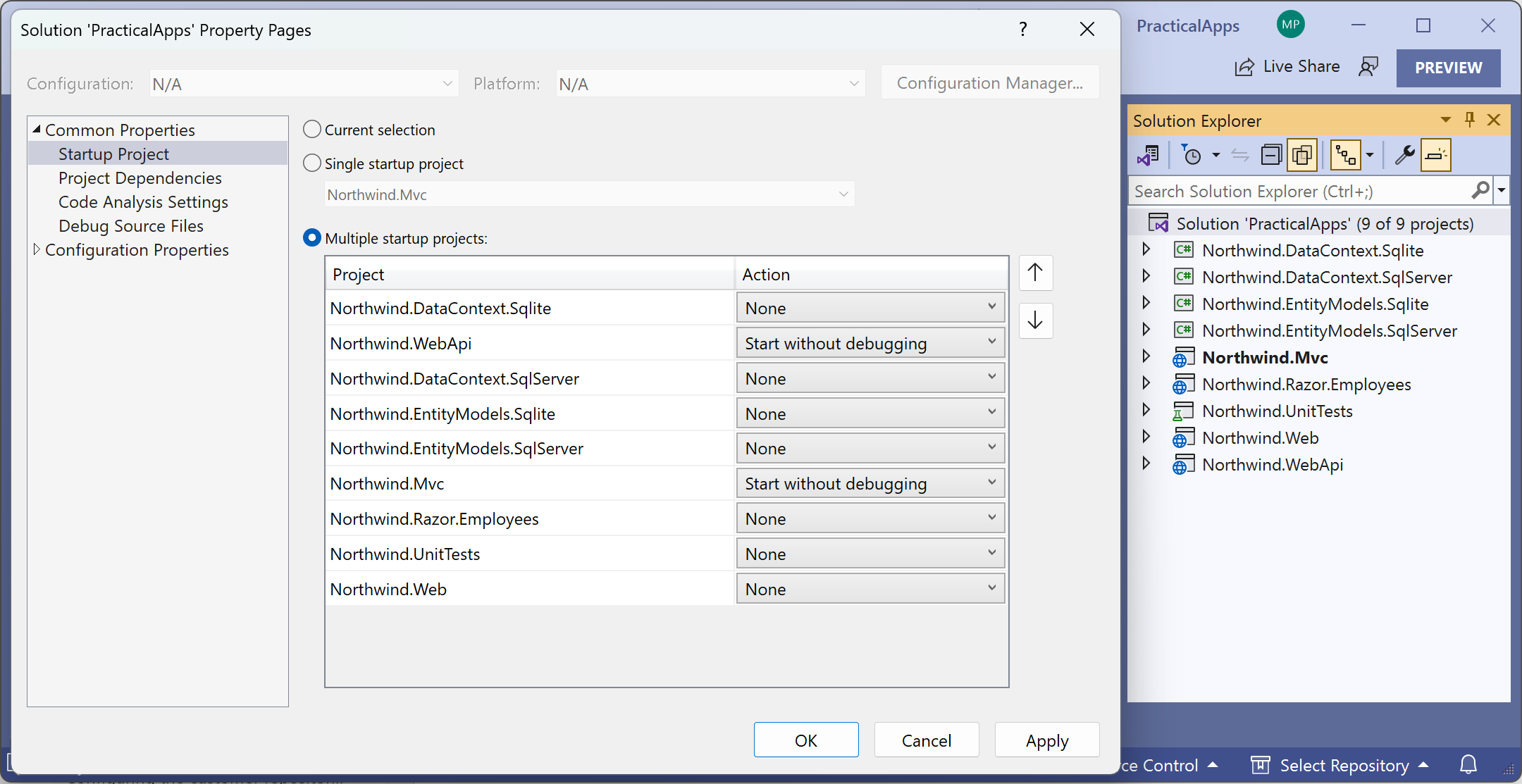 Figure 15.11: Selecting multiple projects to start up in Visual Studio 2022