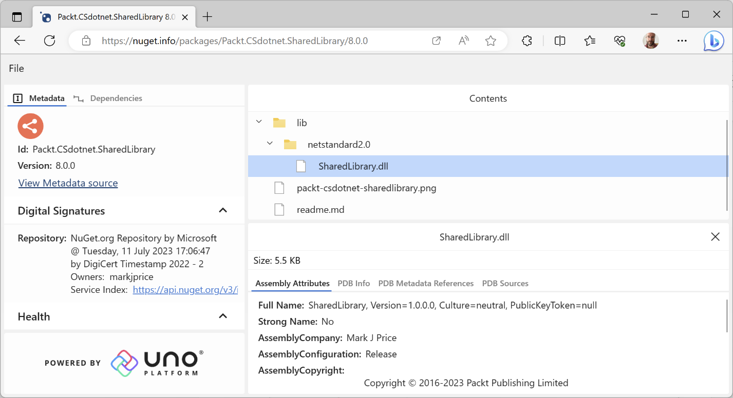 Figure 7.9: Exploring my package using NuGet Package Explorer from Uno Platform