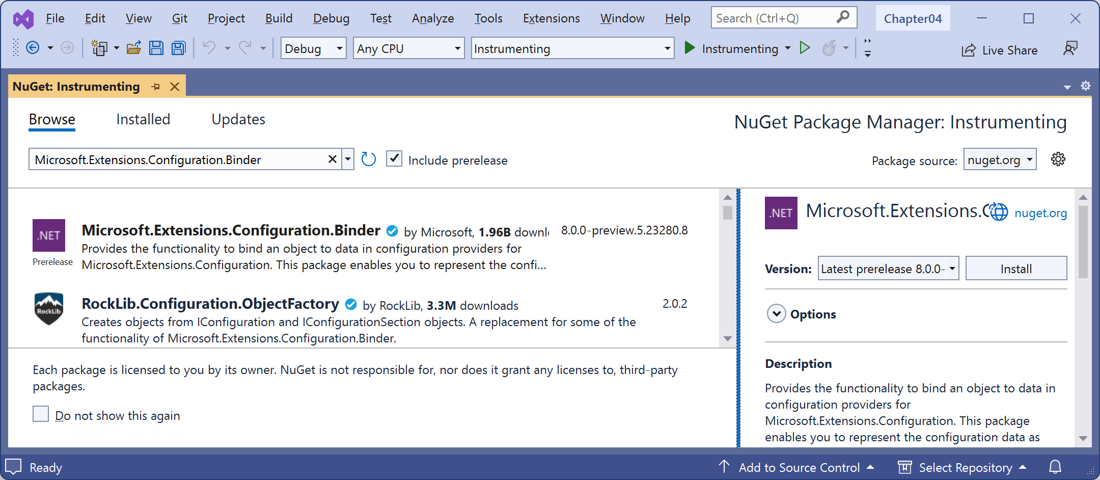Figure 4.19: Installing NuGet packages using Visual Studio 2022