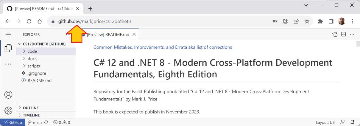 Figure 1.1: GitHub Codespaces live editing the book's GitHub repository