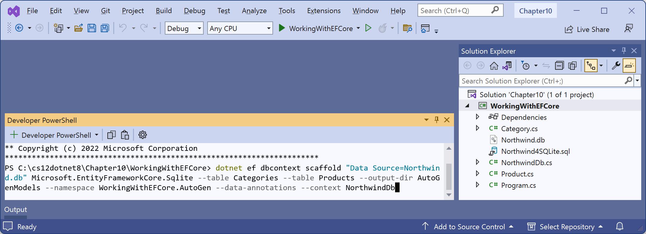 Figure 10.6: Entering a dotnet-ef command in Terminal using Visual Studio 2022