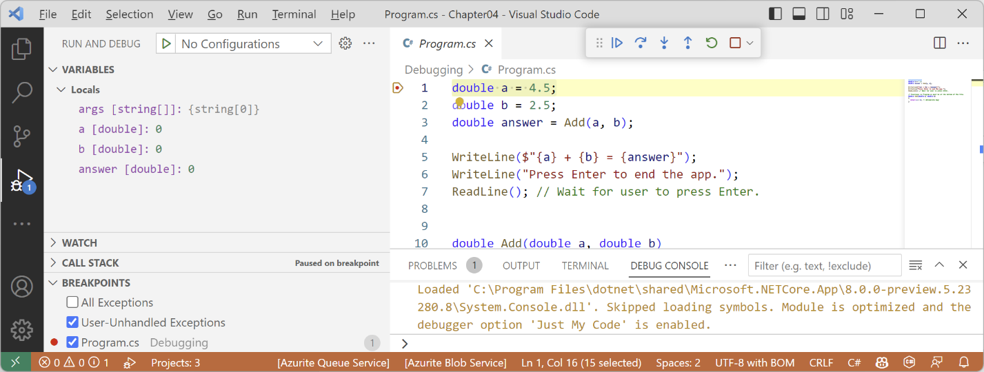 Figure 4.6: Break mode in Visual Studio Code