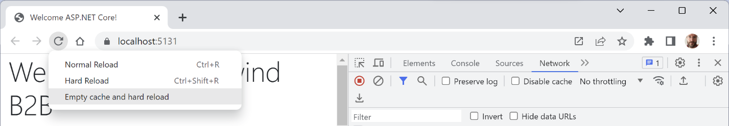 Figure 13.4: View Developer Tools, then click and hold the Reload button to see more commands