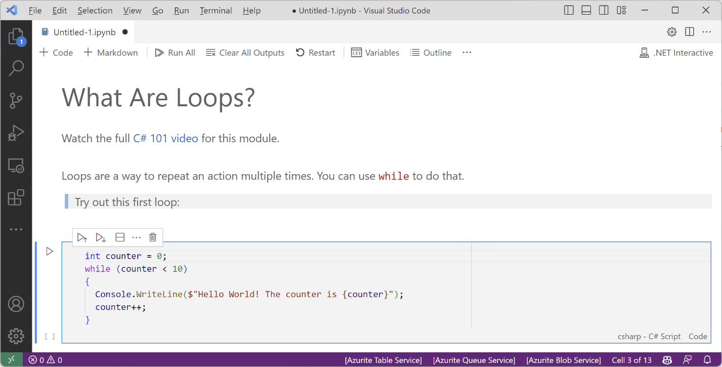 Figure 3.6: An example C# 101 notebook titled What Are Loops?